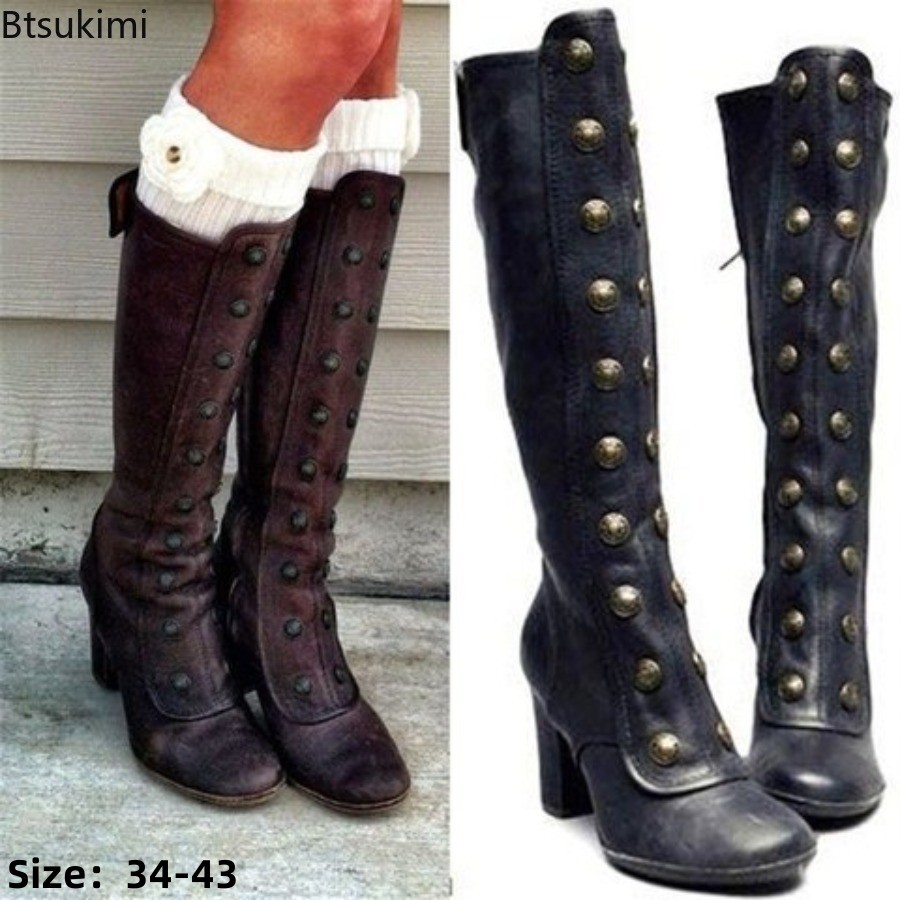 Women'S Fashion Knee High Boots - Botas Retrô Pretas com Rebites e