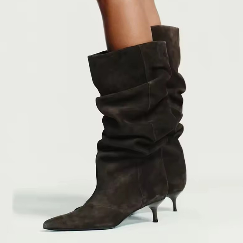 Women'S Fashion Knee High Boots - Liyke pista moda plissado camurça joelho